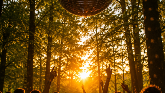 Discobal boven dansende mensen in bos