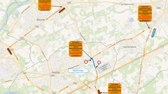 plan met werfzone en omleidingen tijdens de werken in de Breestraat in Deerlijk