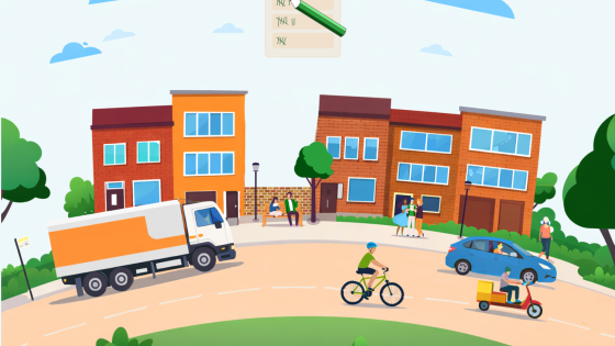 afbeelding van huizen fietsen en auto's