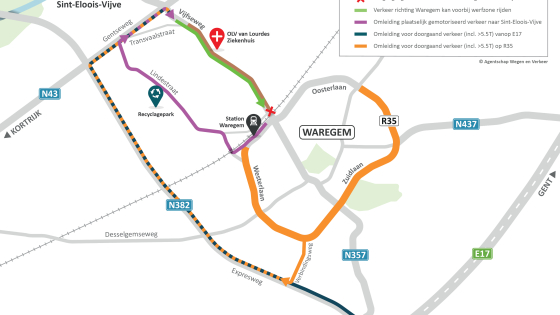 Plan met de omleidingen door de aanleg van nieuwe fietspaden in de Vijfseweg