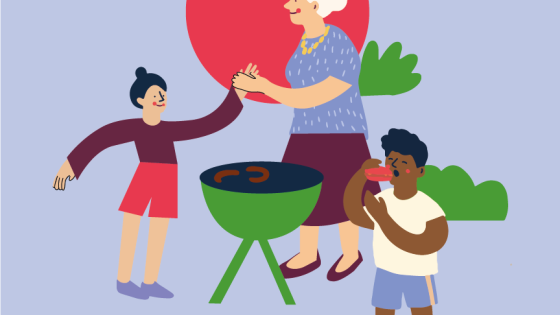 illustratie van oma die barbequet met spelende kinderen