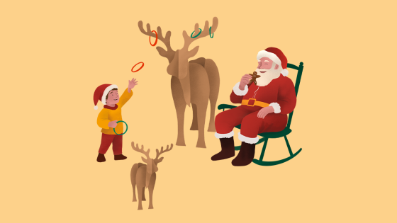 tekening van kind - gooit ringen over eland en kerstman zit op stoel