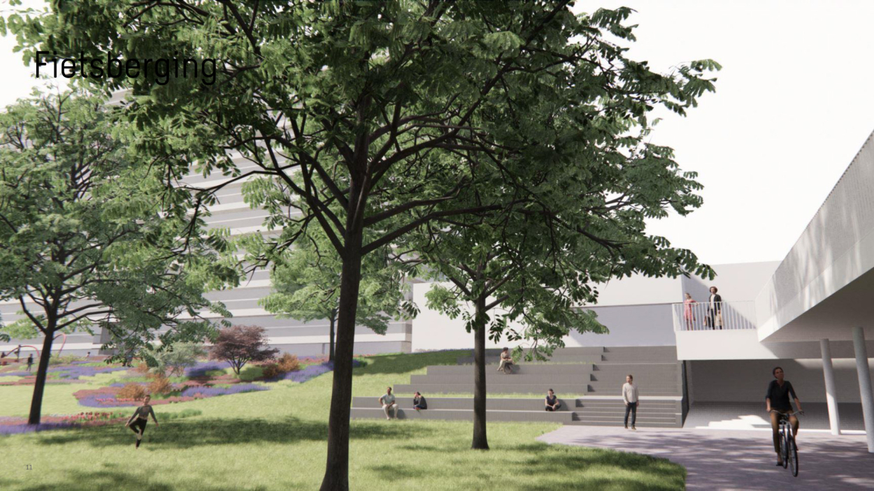 De groene helling tussen de stadionvijvers en de nieuwe esplanade