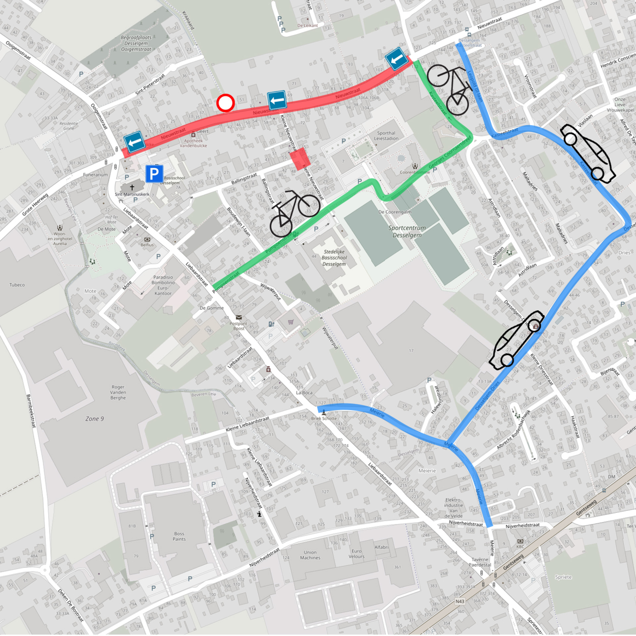 Omleidingsplan van fase 1 heraanleg Nieuwstraat